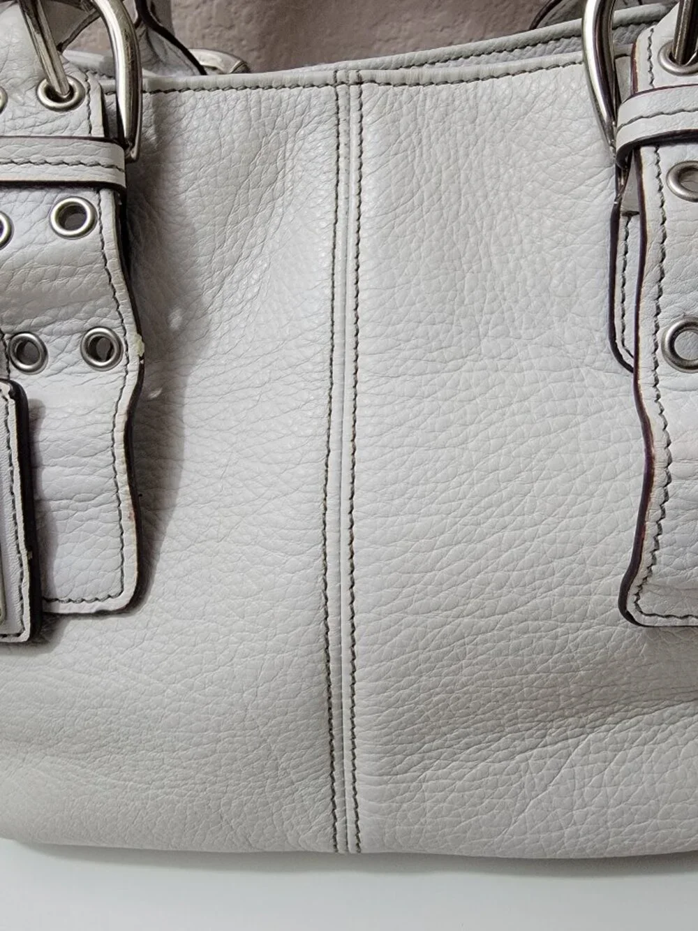 Tignanello White Pebbled Leather Satchel Shoulder Bag Silver Buckle Hardware